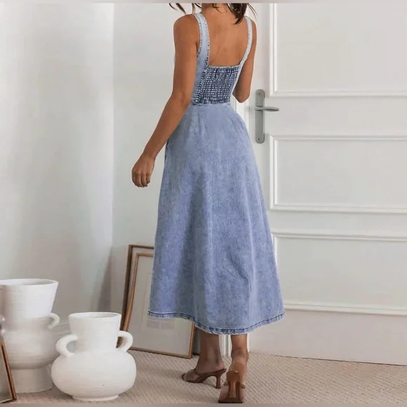 Light Denim Button Front Smocked Back Sleeveless Easter Dress with Pockets - Picture 2 of 3